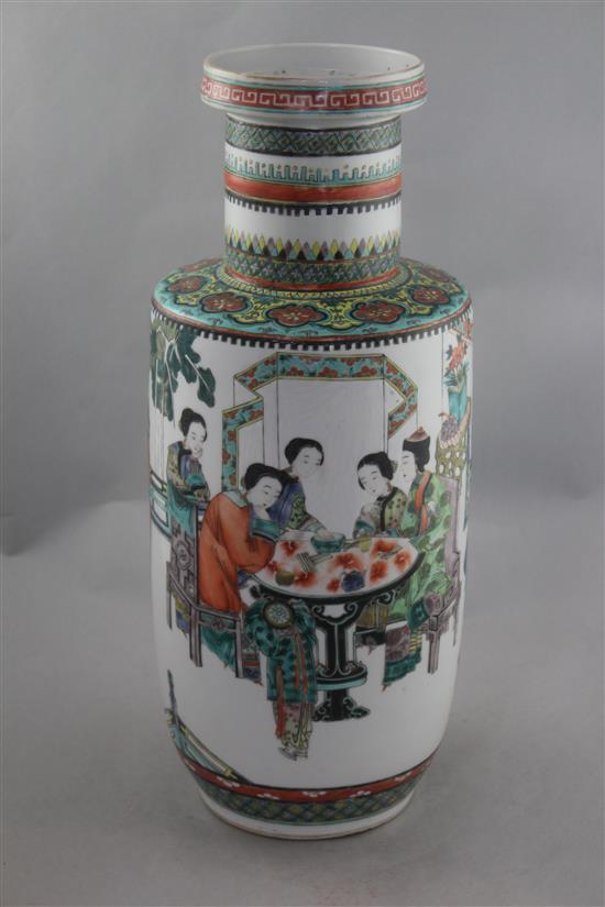 A Chinese famille verte rouleau vase, late 19th century, 45.5cm, restored